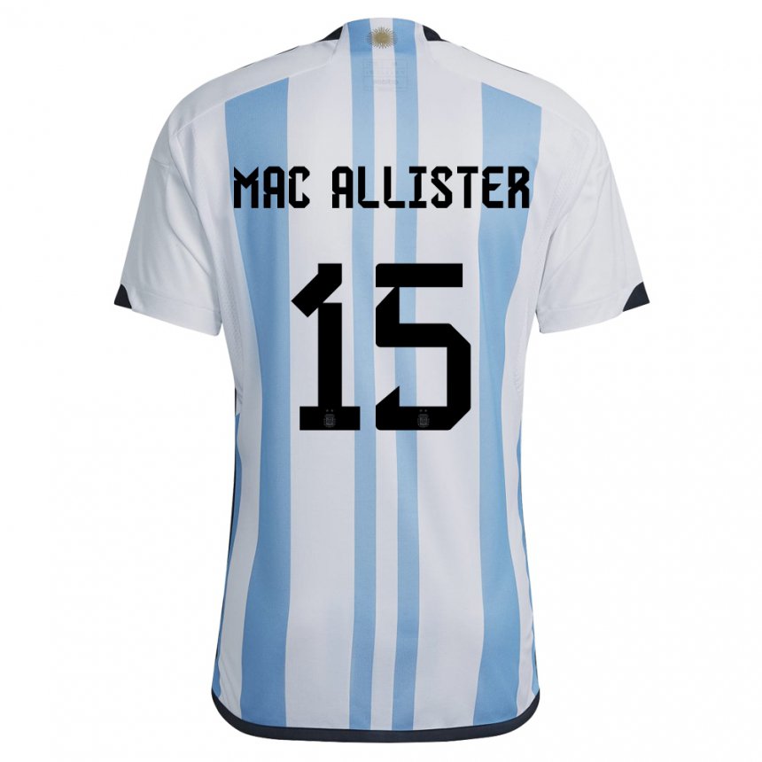 Homme Maillot Argentine Alexis Mac Allister #15 Blanc Bleu Ciel Tenues  Domicile 22-24 T-Shirt